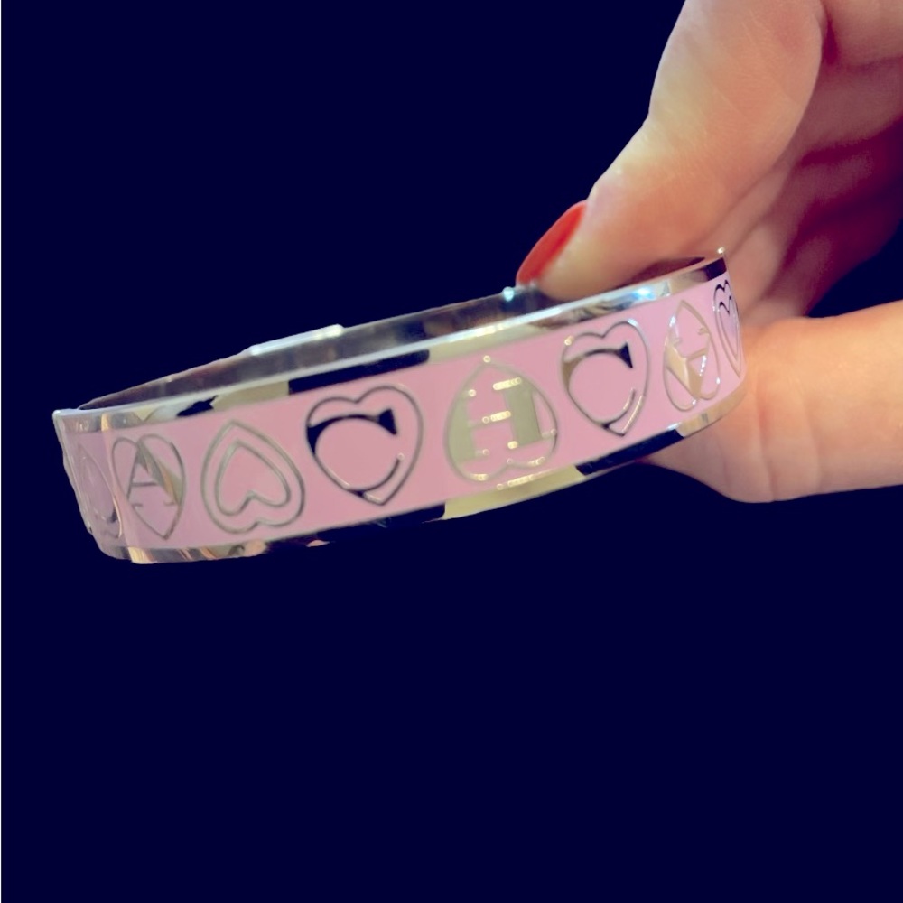 Coach Vintage Classic Silver Plated Lavender Enamel Hearts Logo Bangle Bracelet
